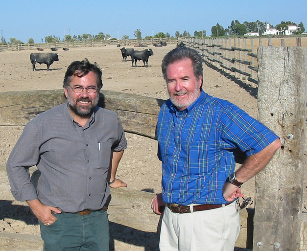 Juan Carlos González Faraco (l) and Michael Murphy (r) at a bull-fighting ranch outside of Coria del Río, Spain